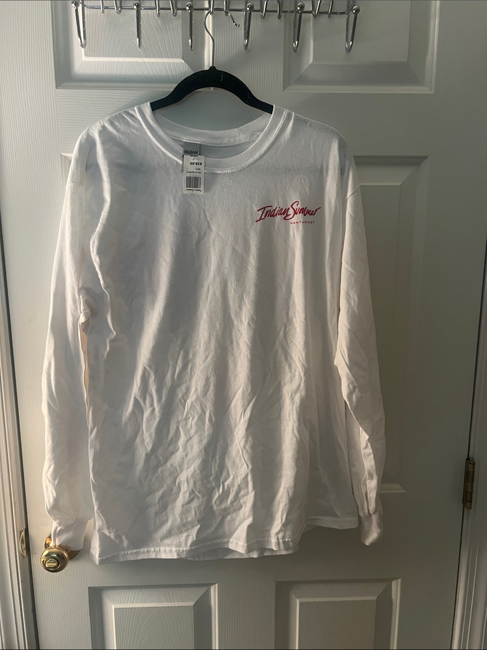 Indian Summer White Long-Sleeve Tee with Red Script Logo - Classic Crew